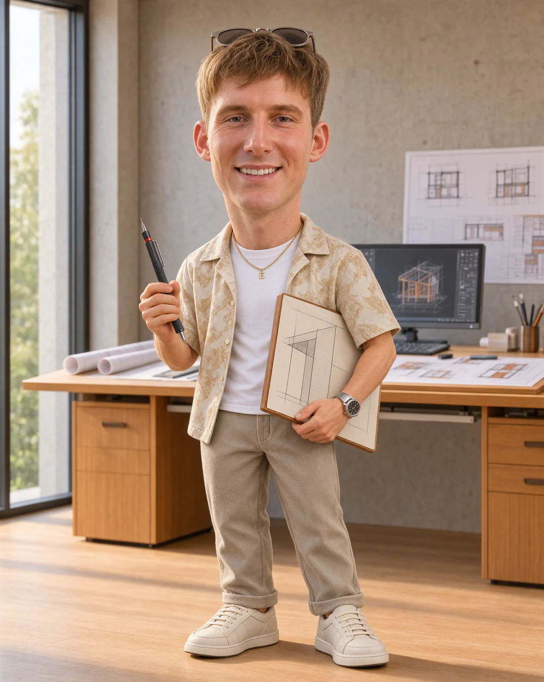 Erik — bobblehead karakter Rotring rajzceruzával és rajztáblával