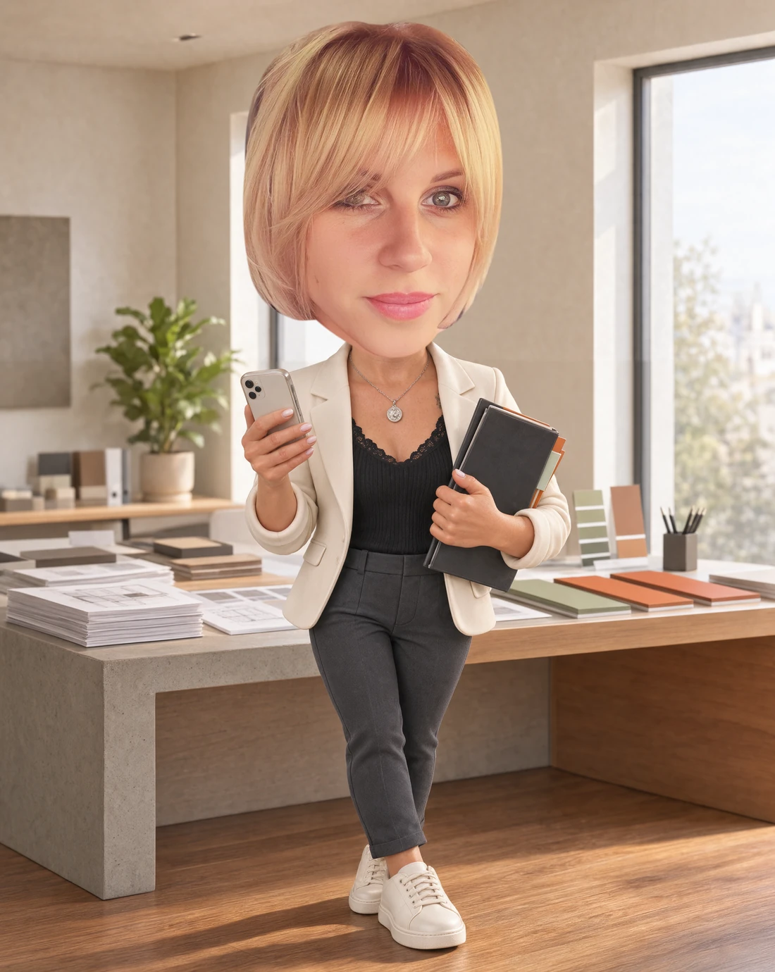 Kitti — bobblehead karakter telefonnal és jegyzetmappával